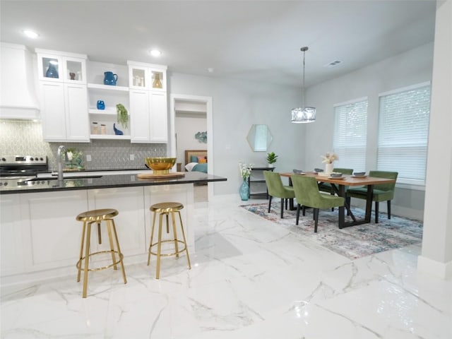 2217 S Peachtree Ct, Denison, TX 75020 - kitchen featuring open shelves, stainless steel electric range, a sink, decorative backsplash, and white cabinets
