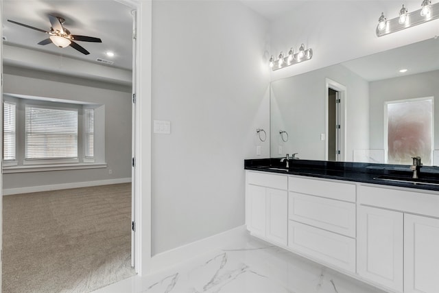 2217 S Peachtree Ct, Denison, TX 75020 - full bath featuring double vanity, baseboards, a ceiling fan, and recessed lighting