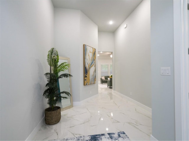 2217 S Peachtree Ct, Denison, TX 75020 - hallway featuring marble finish floors, baseboards, and recessed lighting