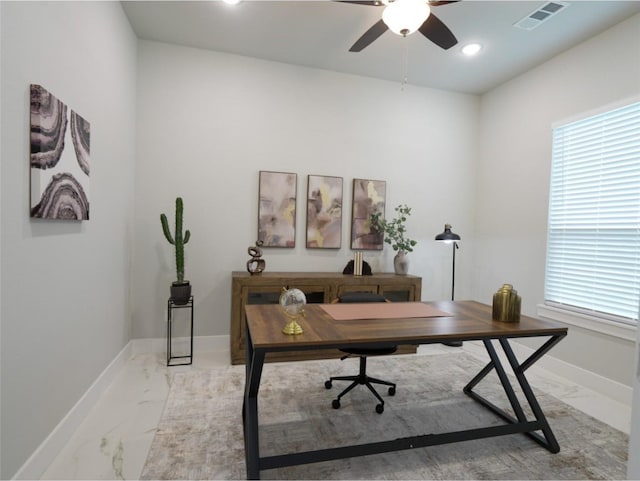 2217 S Peachtree Ct, Denison, TX 75020 - home office with light marble finish flooring, a ceiling fan, baseboards, and recessed lighting