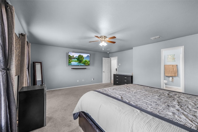 8002 Stowe Springs Ln, Arlington, TX 76002 - bedroom featuring light colored carpet, baseboards, ceiling fan, and ensuite bath