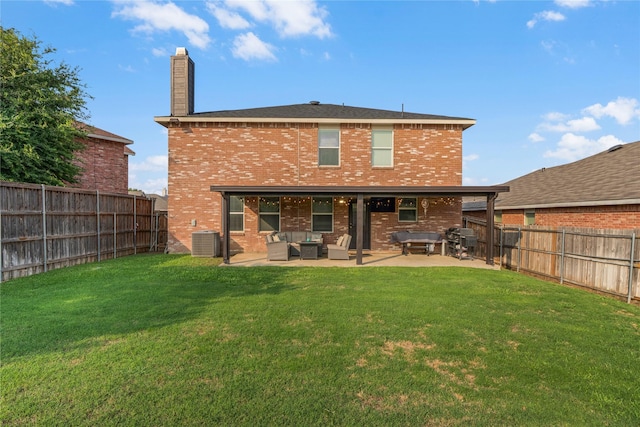 8002 Stowe Springs Ln, Arlington, TX 76002 - rear view of house with central AC unit, an outdoor living space, a chimney, brick siding, and a patio area