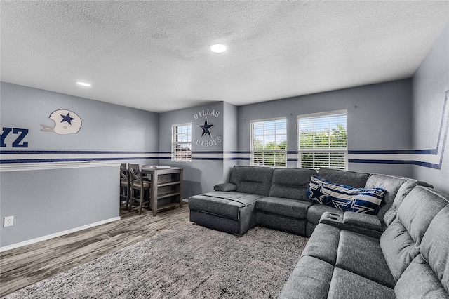 8002 Stowe Springs Ln, Arlington, TX 76002 - living area with wood finished floors, a textured ceiling, baseboards, and recessed lighting