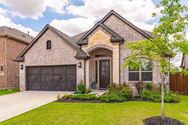 2603 Loxley Dr, Mansfield, TX 76084 - french country inspired facade with concrete driveway, brick siding, stone siding, and a shingled roof