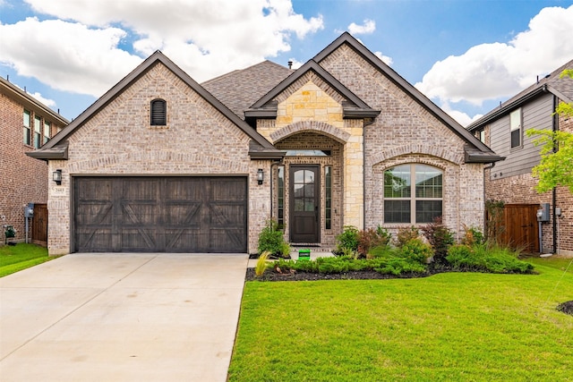 2603 Loxley Dr, Mansfield, TX 76084 - french country style house featuring brick siding, concrete driveway, an attached garage, and roof with shingles