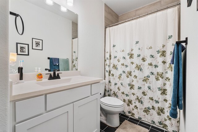 2603 Loxley Dr, Mansfield, TX 76084 - bathroom with tile patterned flooring, vanity, toilet, and a shower with shower curtain