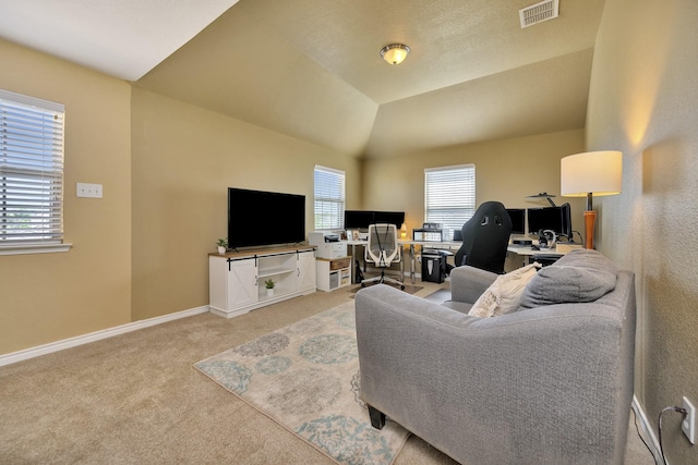 4013 Vista Greens Dr, Fort Worth, TX 76244 - living area with carpet, an office area, baseboards, and lofted ceiling