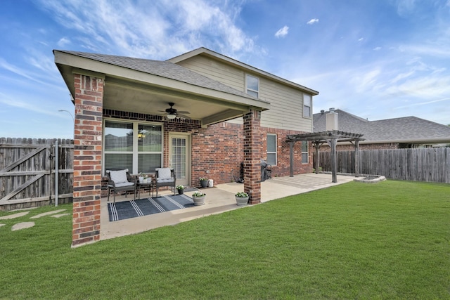 4013 Vista Greens Dr, Fort Worth, TX 76244 - back of property with ceiling fan, a pergola, a patio area, and brick siding