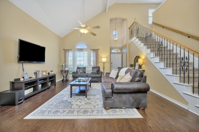 4013 Vista Greens Dr, Fort Worth, TX 76244 - living area with stairs, wood finished floors, ceiling fan, baseboards, and high vaulted ceiling