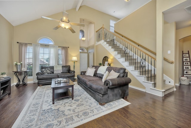 4013 Vista Greens Dr, Fort Worth, TX 76244 - living area with arched walkways, high vaulted ceiling, stairs, wood finished floors, and a ceiling fan