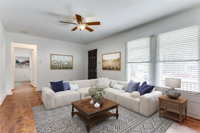 3901 Winfield Ave, Fort Worth, TX 76109 - living area featuring a ceiling fan, light wood-style flooring, and baseboards
