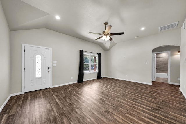 209 NE 6th Ave, Mineral Wells, TX 76067 - foyer with arched walkways, lofted ceiling, ceiling fan, dark wood-style floors, and recessed lighting