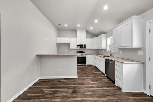 209 NE 6th Ave, Mineral Wells, TX 76067 - kitchen featuring stainless steel appliances, recessed lighting, lofted ceiling, dark wood-style flooring, and white cabinetry