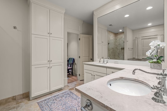3766 W 4th St, Fort Worth, TX 76107 - full bathroom featuring a shower stall, double vanity, baseboards, and recessed lighting