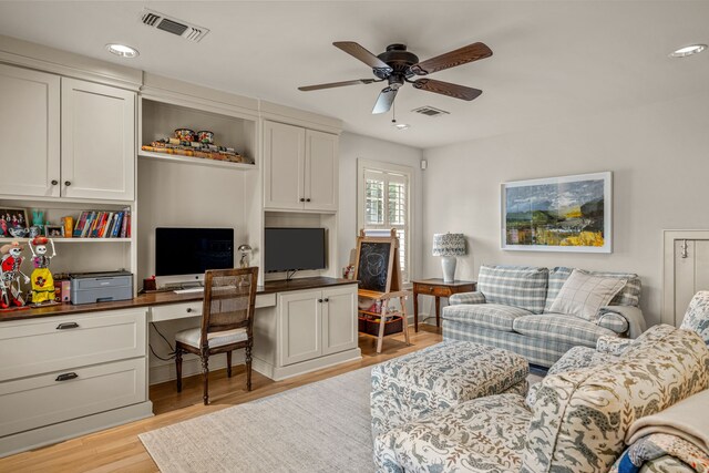 3766 W 4th St, Fort Worth, TX 76107 - home office with built in study area, light wood-style flooring, a ceiling fan, and recessed lighting