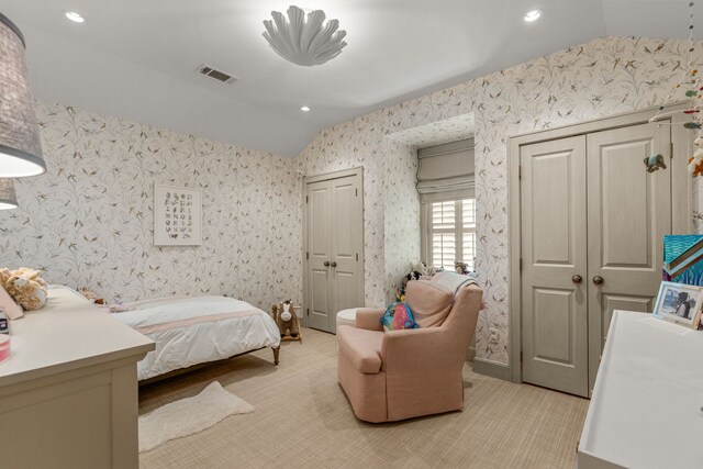 3766 W 4th St, Fort Worth, TX 76107 - bedroom with two closets, vaulted ceiling, and recessed lighting
