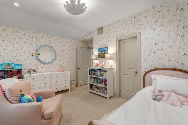 3766 W 4th St, Fort Worth, TX 76107 - bedroom with light colored carpet, wallpapered walls, and lofted ceiling