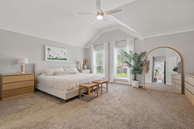 7205 Fair Valley Way, Plano, TX 75024 - carpeted bedroom featuring vaulted ceiling, ornamental molding, and a ceiling fan