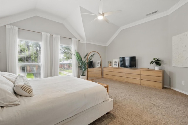 7205 Fair Valley Way, Plano, TX 75024 - bedroom with vaulted ceiling, light carpet, baseboards, crown molding, and a ceiling fan