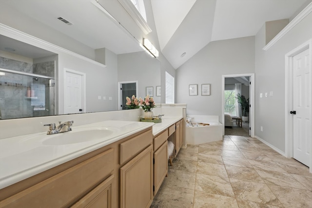 7205 Fair Valley Way, Plano, TX 75024 - bathroom featuring vanity, high vaulted ceiling, a garden tub, and a stall shower