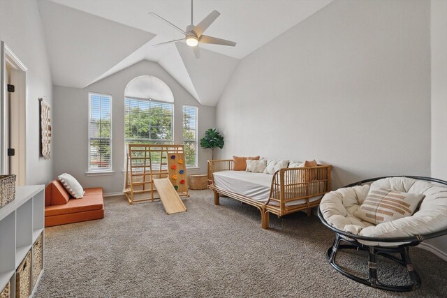 7205 Fair Valley Way, Plano, TX 75024 - living area with carpet flooring, lofted ceiling, and ceiling fan