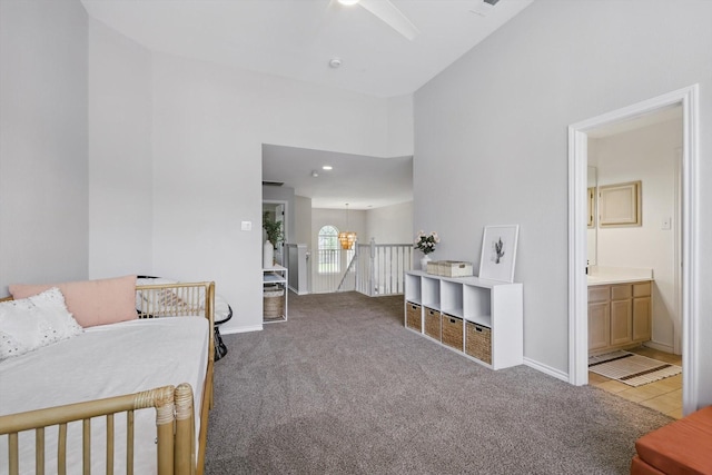 7205 Fair Valley Way, Plano, TX 75024 - sitting room featuring carpet, an upstairs landing, baseboards, and a towering ceiling