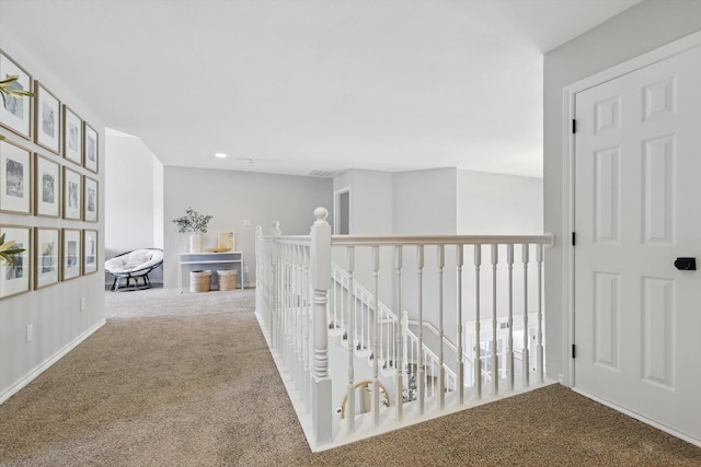 7205 Fair Valley Way, Plano, TX 75024 - hallway with carpet flooring, an upstairs landing, recessed lighting, and baseboards