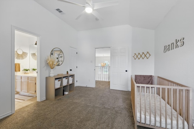 7205 Fair Valley Way, Plano, TX 75024 - bedroom with carpet, vaulted ceiling, and a nursery area