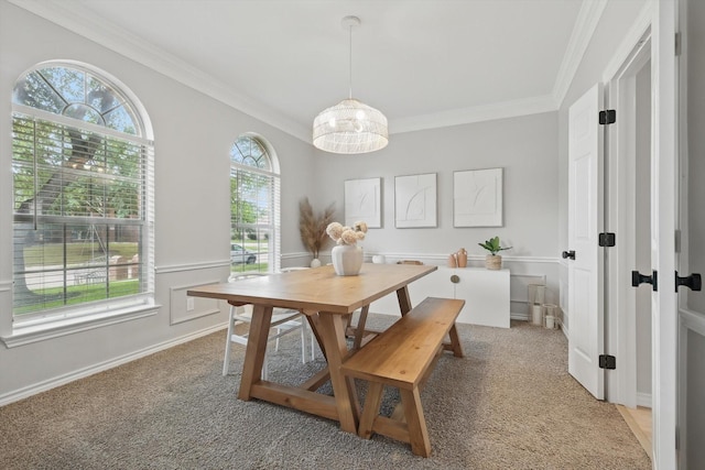 7205 Fair Valley Way, Plano, TX 75024 - dining room with crown molding, light colored carpet, and a chandelier