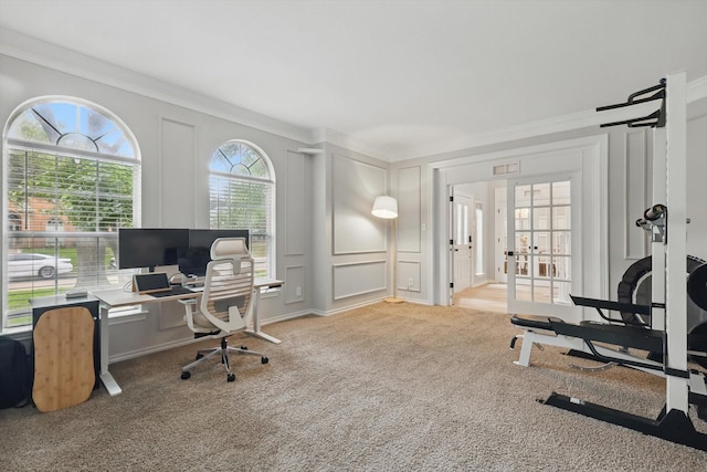 7205 Fair Valley Way, Plano, TX 75024 - office area with ornamental molding, a decorative wall, carpet floors, and french doors