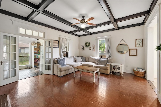 100 Corsicana St, Hillsboro, TX 76645 - living area featuring french doors, coffered ceiling, a ceiling fan, wood-type flooring, and beam ceiling