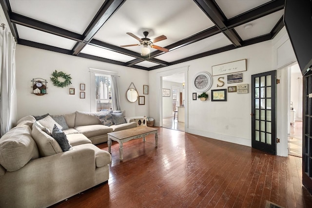 100 Corsicana St, Hillsboro, TX 76645 - living area featuring coffered ceiling, ceiling fan, dark wood-style floors, beam ceiling, and baseboards