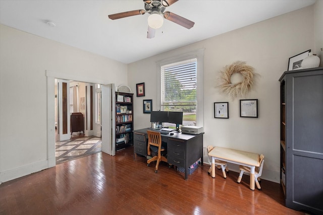 100 Corsicana St, Hillsboro, TX 76645 - office area featuring hardwood / wood-style flooring, a ceiling fan, and baseboards