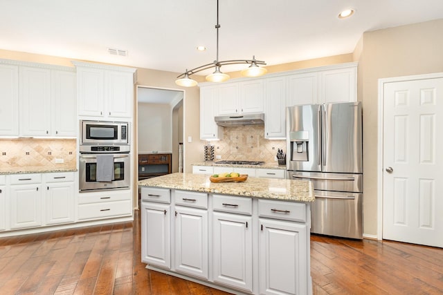 2916 Woods Dr, Plano, TX 75025 - kitchen with appliances with stainless steel finishes, under cabinet range hood, recessed lighting, dark wood-type flooring, and backsplash