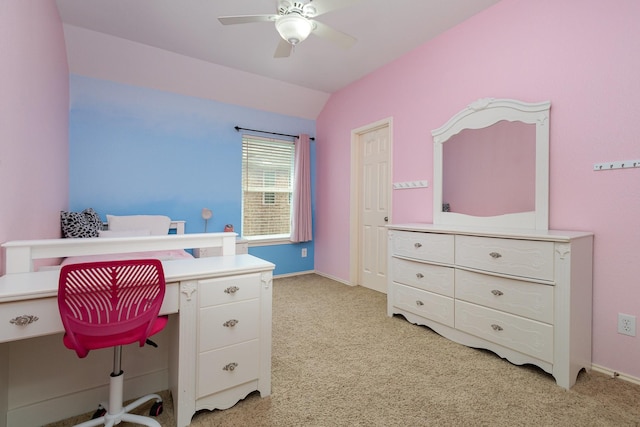 2916 Woods Dr, Plano, TX 75025 - office featuring a ceiling fan, lofted ceiling, light colored carpet, and baseboards