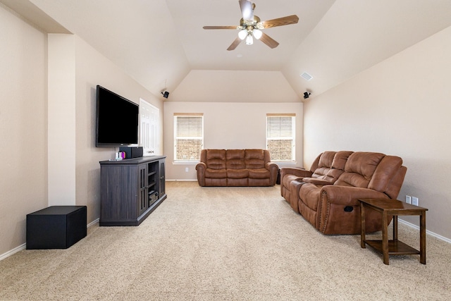 2916 Woods Dr, Plano, TX 75025 - living area with carpet floors, ceiling fan, baseboards, and lofted ceiling