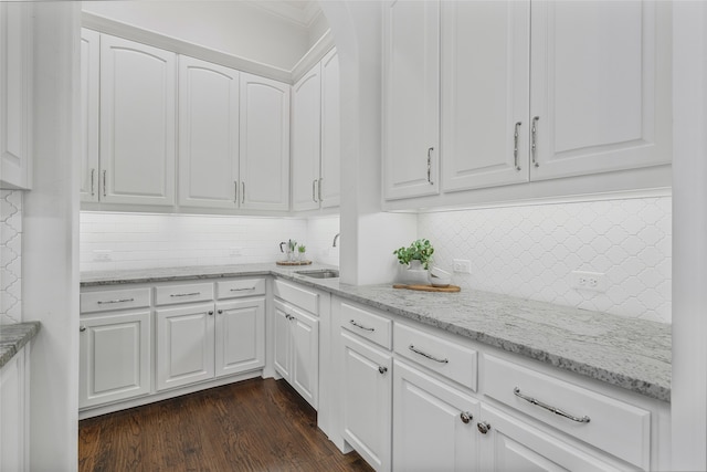 6644 Josephine St, Plano, TX 75024 - kitchen with a sink, white cabinetry, dark wood-style floors, light stone counters, and backsplash