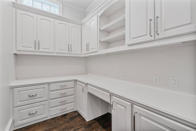 6644 Josephine St, Plano, TX 75024 - unfurnished office with built in study area, dark wood finished floors, and ornamental molding