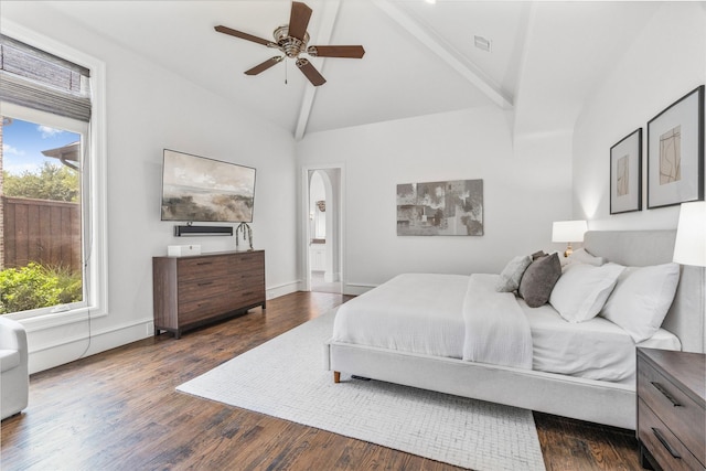 6644 Josephine St, Plano, TX 75024 - bedroom with multiple windows, dark wood-style flooring, high vaulted ceiling, and ceiling fan