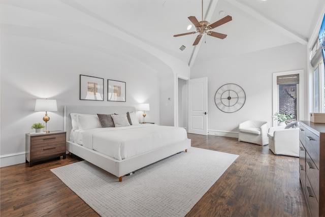 6644 Josephine St, Plano, TX 75024 - bedroom with baseboards, dark wood finished floors, high vaulted ceiling, and a ceiling fan