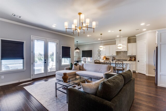 712 Tallgrass Dr, Aledo, TX 76008 - living room with recessed lighting, french doors, dark wood-style floors, a chandelier, and baseboards