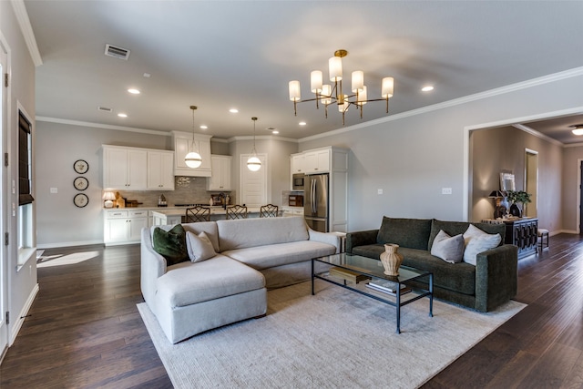 712 Tallgrass Dr, Aledo, TX 76008 - living area featuring dark wood finished floors, recessed lighting, a chandelier, baseboards, and crown molding