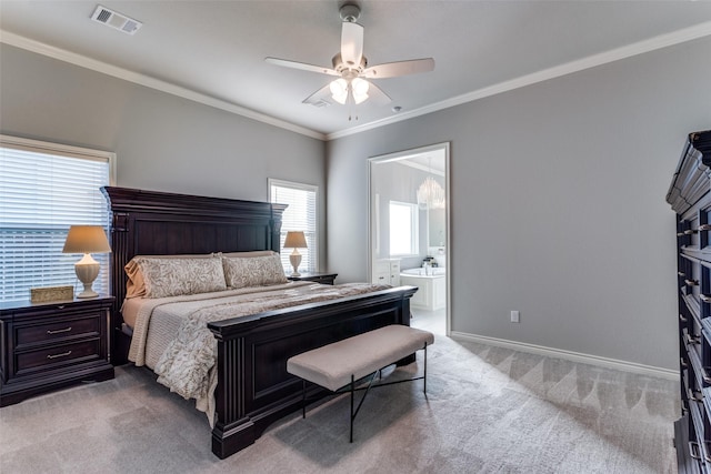 712 Tallgrass Dr, Aledo, TX 76008 - carpeted bedroom featuring crown molding, baseboards, a ceiling fan, and ensuite bath