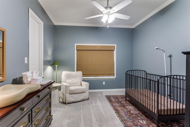 712 Tallgrass Dr, Aledo, TX 76008 - bedroom with a crib, carpet floors, crown molding, baseboards, and a ceiling fan