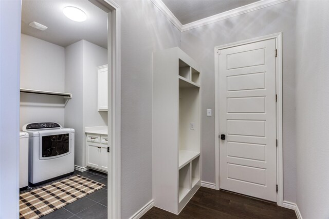 712 Tallgrass Dr, Aledo, TX 76008 - mudroom featuring washer and dryer, crown molding, baseboards, and dark tile patterned flooring