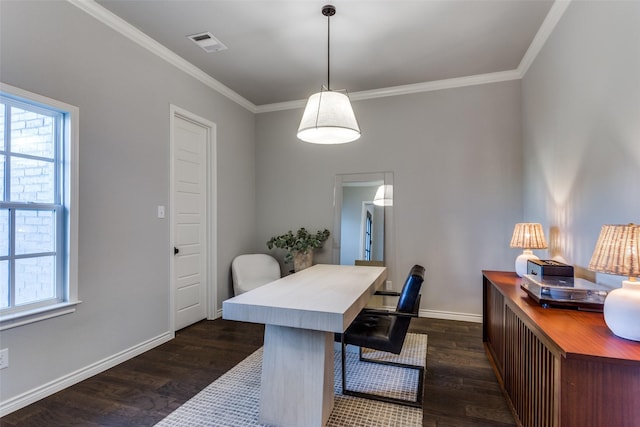 712 Tallgrass Dr, Aledo, TX 76008 - office featuring dark wood-style flooring, healthy amount of natural light, ornamental molding, and baseboards