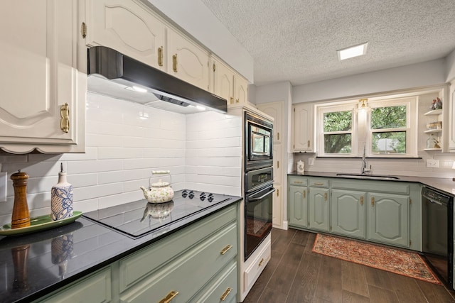 7529 Mapleleaf Dr, North Richland Hills, TX 76182 - kitchen with a sink, black appliances, under cabinet range hood, green cabinets, and a textured ceiling