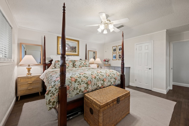 7529 Mapleleaf Dr, North Richland Hills, TX 76182 - bedroom with dark wood-type flooring, baseboards, ornamental molding, a textured ceiling, and ceiling fan