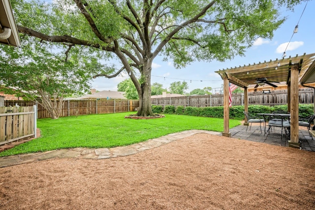 7529 Mapleleaf Dr, North Richland Hills, TX 76182 - view of yard with a patio, ceiling fan, and a pergola