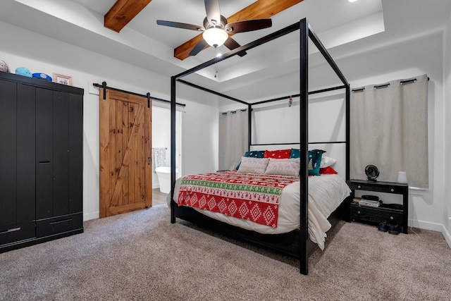 138 Lake Ridge Ct, Abilene, TX 79602 - bedroom featuring carpet, a barn door, beamed ceiling, baseboards, and ceiling fan